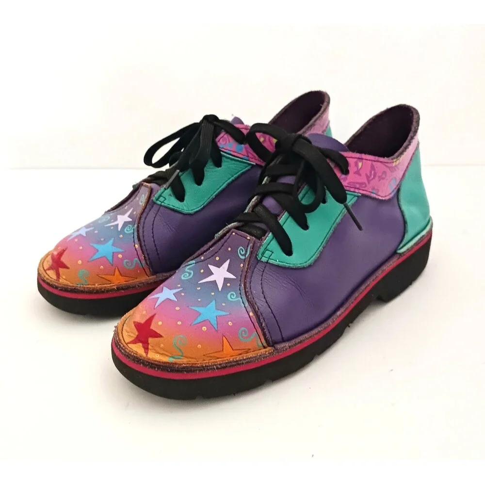 VTG SoleTech Bright Hand Painted Leather Lace Up Oxford Purple/Teal Stars Sz 7